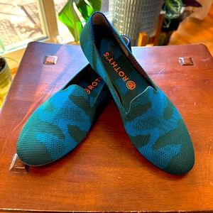 Rothy’s green and blue camo loafers